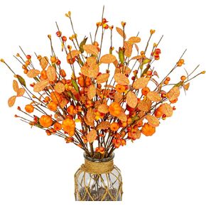 Artificial Fall Decorations 12 Pack Fall Pumkin Picks 17 Inch Orange Berry Stems with Eucalyptus Leaves for Autumn Thanksgving Day Harvest Festival Flower Arrangement Centerpieces DIY Crafts