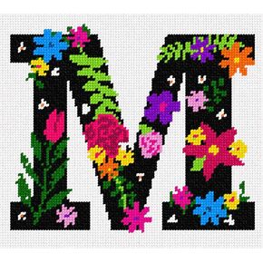 Pepita Needlepoint Canvas: الحرف M الأزهار الأولية ، 8 "× 7"