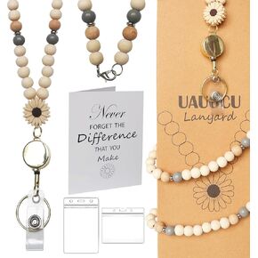 Retractable Teacher Lanyard with Holder, Lanyards for ID Badges Keys Wooden Beaded, Teacher Appreciation Gifts for Women, Unique Teachers Week Christmas Valentine Gift