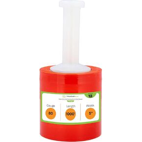 PSBM Orange Mini Stretch Wrap with Plastic Handle, 12 Pack, 5 Inch x 1000 Feet, 80 Gauge, Color Plastic Cling Film Rolls for Color Coding Storing Shipping Pallets