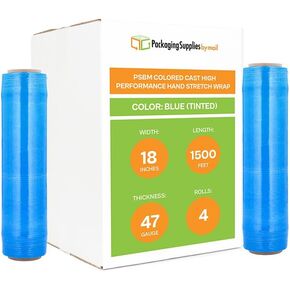 PSBM Blue Stretch Wrap, 4 Pack, 18 Inch x 1500 Feet, 47 Gauge, Tinted/Transparent Hand Stretch Film Rolls for Packaging Moving Packing Pallets