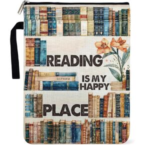 Reading is My Happy Place Book Sleeve for Book Lovers, Paperback Sleeve for Librarian Lovers Bookish Group Club Gifts for Women, Book Cover with Zipper and Front Pocket for paperbacks 9 x 12 Inch