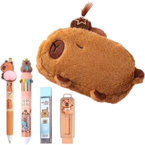 KEYDUACU Cute Capybara Pencil Case Set - Stationery Set with Hairstyle Decor Kit, Large Capacity School Supplies Bag, 10-Color Pen & Pencil Capibara Capybara Gift(Brown)