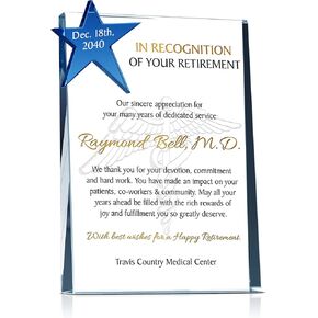 Personalized Crystal Star Retirement Gift Plaque for Doctor or Nurse, Customized with Retiree's Name and Retirement Date, Unique Retirement Gift for Physicians or Any Medical Personnel (M - 8")