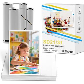Compatible for Amber M100/M200 4x6 Photo Printer Ink Cartridge and Photo Paper (SD21/SD31) Compatible with Liene DHP512/DHP513 Photo Printers (80 Sheets & 2 Cartridges Refill)
