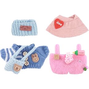 2 Sets of Clothes for Doll, 5 Pcs Accessories for Doll 6.7in/17cm Outfits Knit Hat+T-Shirt+Bag, Doll Sun Hat+Bib Pants