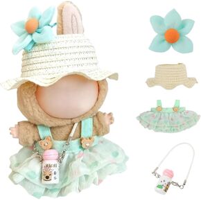 Clothes for 17cm Labu Doll,Skirt Set for Dolls,4 Piece Set Hat Skirt Outfit Premium Fashion Cute Dress for 17cm Dolls Accessories,Stylish Adorable Dolls Clothes Accessories (No Doll) (Green)