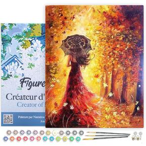 Figured'Art Paint by Numbers Kit for Adults with Frame Autumn Forest and Woman with Umbrella 16"x20" - Craft Art Painting DIY Kit Canvas Already Stretched on a Wooden Frame