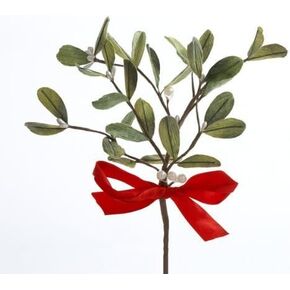 Artificial Mistletoe Floral Pick With Red Satin Bow, Set of 2