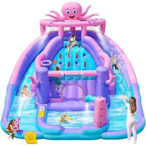 Cute Octopus Inflatable Water Slides, Bounce House, Climbing Wall, Slides, Deep Pool, Basketball Hoop, Ring Toss Game and Splash Pool, Includes 520W Blower