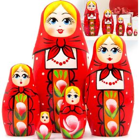 AEVVV Russian Nesting Dolls Set 5 pcs - Matryoshka Dolls with Traditional Red Russian Sarafan - Babushka Dolls - Hand-Painted Wooden Nesting Doll