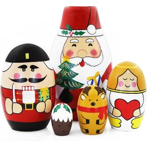 Winterworm Christmas Nesting Dolls Set,5 Pcs Santa Claus Nesting Dolls Gift Soldier Angel Elk Wooden Matryoshka Crafts Russian Nesting Doll for Kids Stacking Toy Christmas Boys Girls Home Decoration