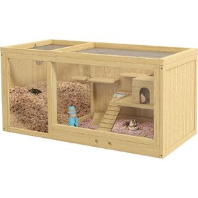 PawHut Wooden Hamster Cage, Extra Large Gerbil Cage, Multi-Layer Small Animal Cage for Dwarf Hamster, Activity Center with Pull-Out Tray, Seesaws, Water Bottle, Ladder, Openable Top