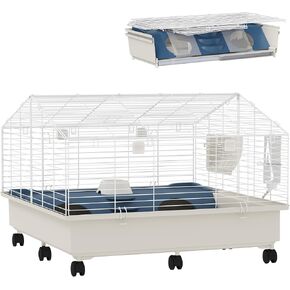 PawHut Small Animal Cage, Rolling Guinea Pig Cage with Water Bottle, Hay Feeder, Food Dish, Ramp, Rabbit Cage for Bunny, Guinea Pigs, Hedgehogs, 35" x 35" x 25", White
