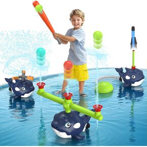4-in-1 Whale Water Sprinkler Baseball Set for Kids,Summer Water Toy with 3 Jets, 4 Balls and Rocket Launch Game, Kids Sprinklers with 360° Rotating Sprinkler,Outdoor Water Toys for Age 3+ Years