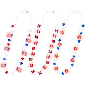 4th of July Necklace, 3PCS Independence Day Light up Necklace Bulk, Red White Blue Patriotic Star USA Flags Fourth of July Party Favor, Glow Stuff for Memorial Veterans Parades Party