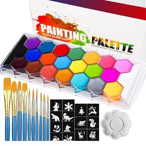 26 Colors Face & Body Paint Palette Kit，Halloween Makeup Kit, face painting kit professional，with 10 Brushes+30 pcs Stickers，Ideal for Halloween Cosplay Party SFX Arty Stage Makeup(26-Colors)