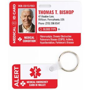 Custom Medical ID Card (Advanced) with Keychain - Custom Printed Emergency Contact ID - Custom Printed Medical Condition - Customizable Photo ID Wallet Card
