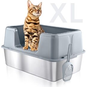 Stainless Steel Litter Box with Lid, 24" x 16" x 12" Metal Cat Litter Box, Non-Stick,High Sides, Extra Large,Odor Control Easy Clean (Grey)