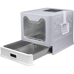Stainless Steel Litter Box with Lid,Large Foldable Litter Box with Lid,Covered Top Entry Litter Boxs,Enclosed Cat Litter Boxs with Litter Scoop for Big and Small Cats(Grey)