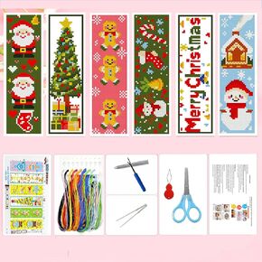 Zhenging Christmas Cross Stitch Bookmark Kit – 6 Pre-Printed Holiday Designs, 11CT 11x18.5 Inch Aida Cloth, Complete Embroidery Tools (Scissors, Threader, Seam Ripper) for Adults & Beginners