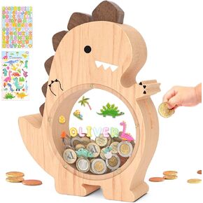 Summidate Wooden Dinosaur Piggy Bank for Kids,Cute Dino Money Saving Box for Boys Girls,Unbreakable Wood Coin Bank Personalized Present for Child Birthday & Room Decor (Brachiosaurus)