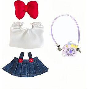 Doll Clothes Outfits, 4-Pieces 17cm Doll Clothing Set Accessories Decoration Denim Costume, Classic Denim Skirt, White Shirt, Red Bow, Small Camera(No Doll Only Clothes) (Blue Denim skirt-02)
