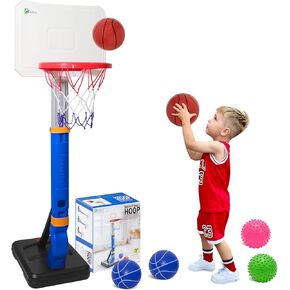 Toddler Basketball Hoop with Adjustable Height (27.6" to 54.4") – Kids Basketball Hoop Including 4 Basketballs, 2 Sensory Balls, Stickers & Inflator – Indoor/Outdoor Play for Ages 36-144 Months