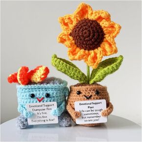 2PCS Emotional Support Dumpster Fire with Warming Sunflower,Crochet Dumpster Fire,Crochet Sunflower,I'm fine Everything is fine,Self Care Gift,Office Desk Decor,Livingroom Decor