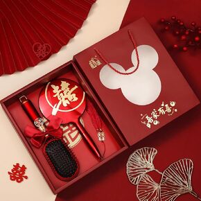 Wedding Accessories for Bride - Hair Comb, Curly Hair Brush and Hand Mirror with Double Happiness Decorations, Red Chinese Wedding Favors