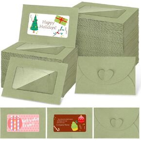 300Pcs Sage Green Kraft Window Gift Card Envelopes 4.1 x 2.8 Inch Mini Envelopes with Heart Shaped Clasp for Business Card Party Greeting Invitation