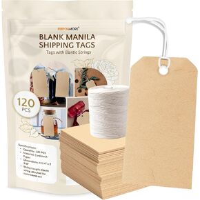 100-Pack Durable Manila Shipping Tags | Elastic String Attached | Versatile Blank Labeling Tags for Shipping, Gifts, Pricing, and Bags