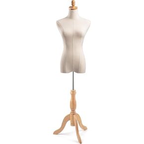 Female Display Dress Form Mannequin in Natural Canvas on Traditional Wood Tripod Base by TSC (Black, Medium)