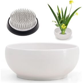 Woration Japanese Ikebana Vase & Flower Frog Kit, Floral Art 5.35inch White Bowl Pot with 1.57inch Kenzan for Flower Arrangement Desk Office Home Decoration