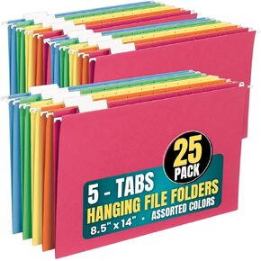 1InTheOffice Hanging File Folders Legal Size, Expandable Hanging File Folder, Adjustable 5 Tabs, Assorted Color, 25 Pack