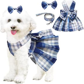 Dog Dress Bowknot Harness Leash Set for Small Dogs Girl Cute Plaid Dog Dress Pearls Bow Tie Spring Summer Princess Clothes Birthday Holiday Doggie Outfits for Puppy Cats Girl Apparel (Black, Large)