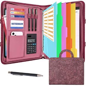 Portfolio Organizer - 3 Ring Binder with Handle, Vegan Leather Business Padfolio Folder with Notepad, Includes 5 Dividers with 10 Pockets for Documents Files