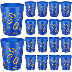 24 Pcs Blue with Gold Ring Print Themed Birthday Party Supplies Plastic Cups Reusable 16oz Cups for Cartoon Theme Birthday Party Holiday Events Decoration Favors