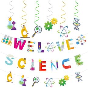 We Love Science Party Decorations Kit - 1 Pcs We Love Science Banner, 1 Pcs Chemistry Lab Bunting Garlands, 6pcs Mad Scientist Hanging Swirls(6 styles) for Science Classroom, Kids’ Lab-Themed Celebrations