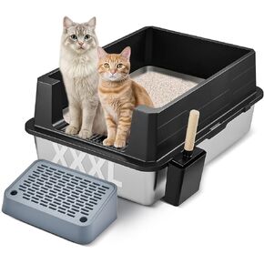 XXXL Stainless Steel Litter Box Large Litter Box for Big Cats Metal Litter Pan Tray with High Wall Sides Enclosure Non-Sticky, Anti-Leakage, Easy Cleaning, Litter Scoop Set, Foot Pedal (White)