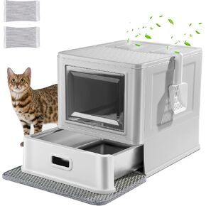 Marchul Enclosed Stainless Steel Cat Litter Box with Lid & Drawer Design, XL Extra Large for Indoor Cats, Metal Covered Cat Litter Box, Baffles for Anti-Leakag, with Litter Scoop & Litter Mat