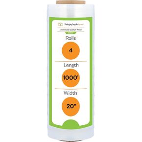 Stretch Film Wrap, Packing Shrink Wrap Roll, Clear, 20 Inch x 1000 Feet, 4 Pack