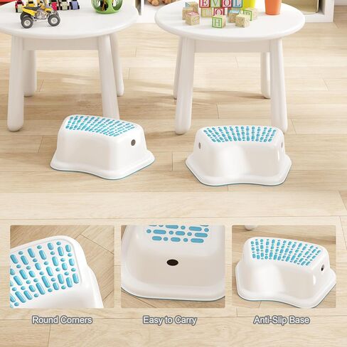 2 Pack Step Stool with Anti-Slip Surface, Curved Stepping Stool for Potty Training Toilet, Bathroom Sink, Kitchen Counter Stool Helper, Blue-White in Saudi Arabia