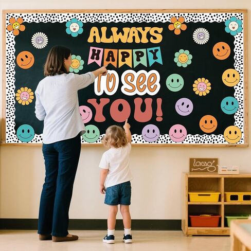 63 Pcs Groovy Bulletin Board Decorations Set Retro Smiley Face Classroom Decor with Black Dots Border Trims for Back to School Classroom Wall Door Decor in Saudi Arabia