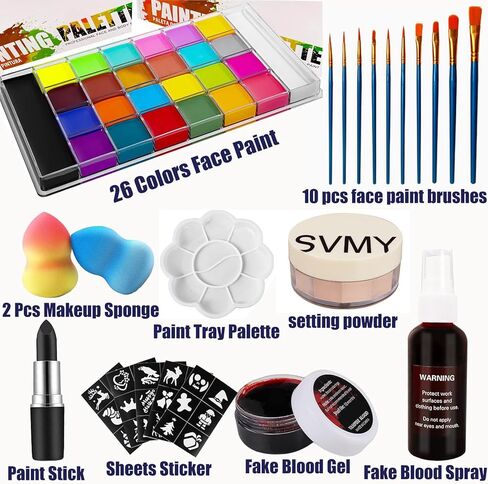 26 ألوان مجموعة طلاء جسم الوجه الاحترافية ، طقم الطلاء بالزيت وجسمه لجميع القديسين ، بما في ذلك 36 لونًا من الطلاء/ الطلاء/ فرش/ فرش/ مؤثرات خاصة ملصق للدم الهالوين/ مزيف الدم (مجموعة 2) in Kuwait