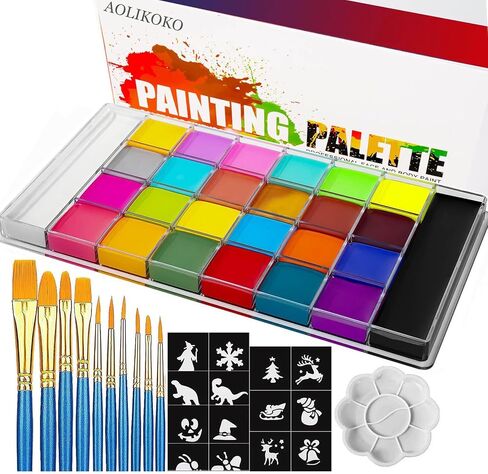 26 Colors Face & Body Paint Palette Kit，Halloween Makeup Kit, face painting kit professional，with 10 Brushes+30 pcs Stickers，Ideal for Halloween Cosplay Party SFX Arty Stage Makeup(26-Colors) in Saudi Arabia