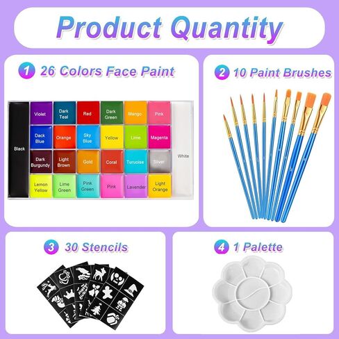 26 Colors Face & Body Paint Palette Kit，Halloween Makeup Kit, face painting kit professional，with 10 Brushes+30 pcs Stickers，Ideal for Halloween Cosplay Party SFX Arty Stage Makeup(26-Colors) in Saudi Arabia