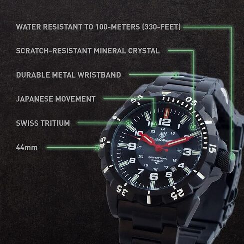 Smith & Wesson Men's Emissary Swiss Tritium H3 Watch with Tactical Heavy Duty Stainless-Steel Case and Band, Rotating Bezel, Durable Military Watch, Tactical Tough, Quartz Japanese Movement in Saudi Arabia