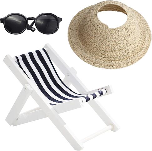 Accessories Set for 17cm Doll,Miniature Beach Sun Hat/Sunglasses/Wooden Folding Beach Chairs for Dolls Accessories,No Doll(C#1) in Kuwait