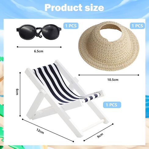 Accessories Set for 17cm Doll,Miniature Beach Sun Hat/Sunglasses/Wooden Folding Beach Chairs for Dolls Accessories,No Doll(C#1) in Kuwait